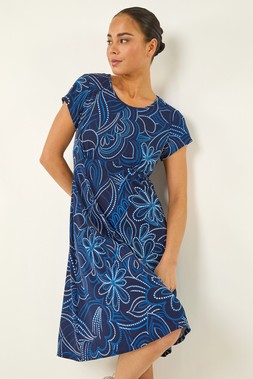 Roman Petite Royal Blue Leaf Print Stretch Dress