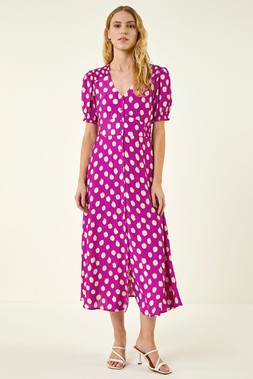 Roman Magenta Spot Print Button Midi Dress
