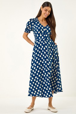 Roman Navy Spot Print Button Midi Dress