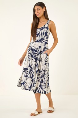 Roman Ivory Palm Leaf Print Midi Dress