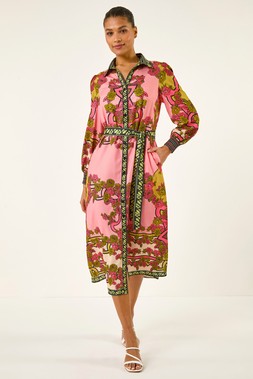Roman Pink Floral Print Border Shirt Midi Dress