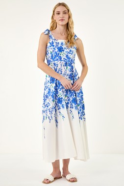 Roman Blue Floral Print Strap Tie Midi Dress
