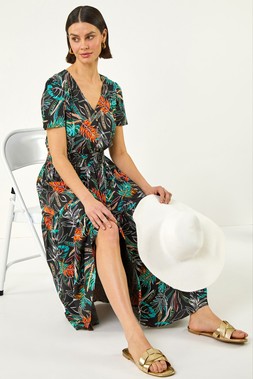 Roman Black Leaf Print V-Neck Tiered Midi Dress