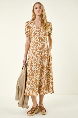 Roman Camel Abstract Print Button Midi Dress