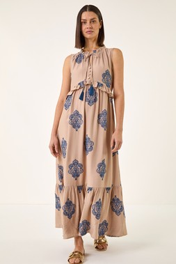 Roman Mocha Embroidered Tie Front Maxi Dress