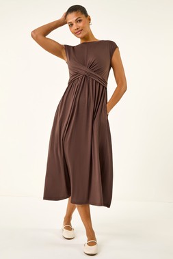 Roman Crossover Front Stretch Midi Dress