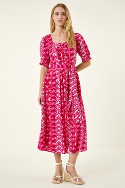 Roman Fuchsia Abstract Print Belted Dress