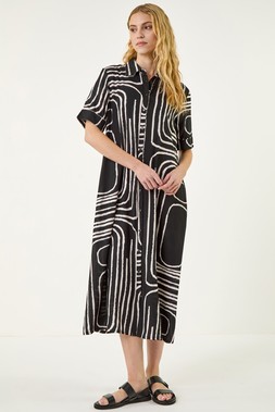 Roman Black Abstract Print Midi Shirt Dress