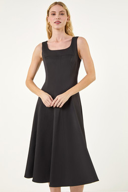 Roman Black Square Neck Midi Dress