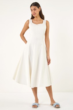 Roman Ivory Square Neck Midi Dress