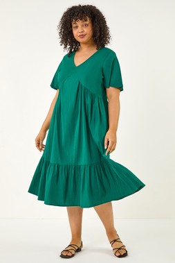 Roman Curve Green Textured V-Neck Midi Dress