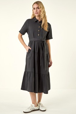 Roman Black Button Detail Tiered Midi Dress
