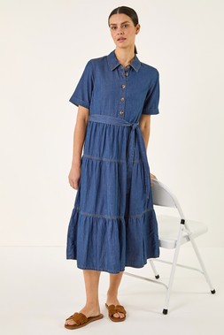 Roman Denim Button Detail Tiered Midi Dress