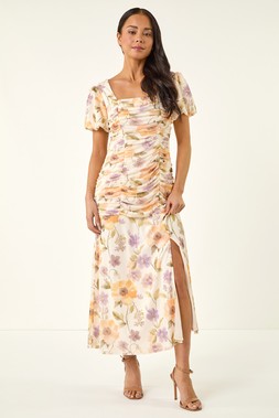 Roman Petite Floral Ruched Stretch Midi Dress
