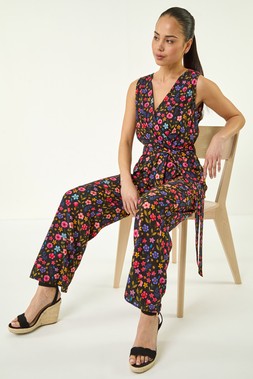 Roman Petite Black Ditsy Wrap Bodice Jumpsuit
