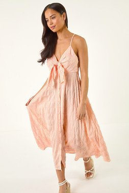 Roman Petite Peach Gingham Twist Front Dress