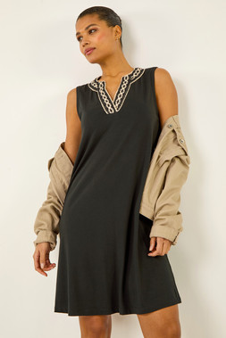 Roman Trim Detail V-Neck A-Line Dress