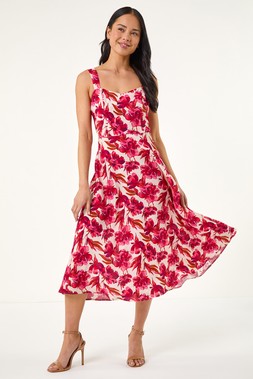 Roman Petite Red Floral Strappy Midi Dress