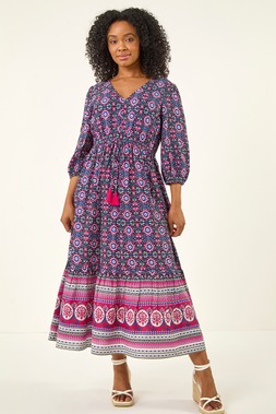 Roman Petite Navy Aztec Border Print Midi Dress