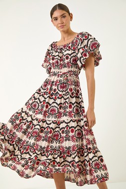 Roman Red Abstract Border Print Midi Dress