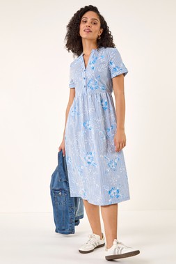Roman Stripe Print Midi Shirt Dress