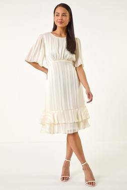 Roman Petite Ivory Stripe Frill Hem Midi dress