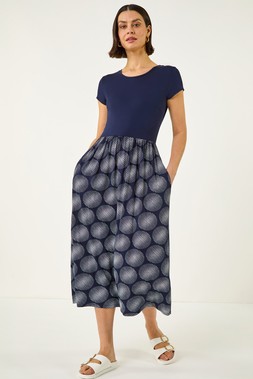 Roman Navy Contrast Geo Print Stretch Midi Dress