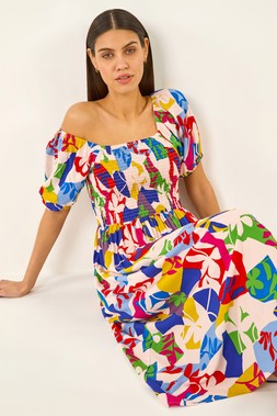 Roman Multi Abstract Print Shirred Midi Dress