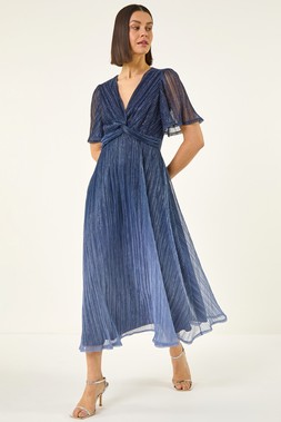 Roman Navy Ombre Plisse Midi Dress