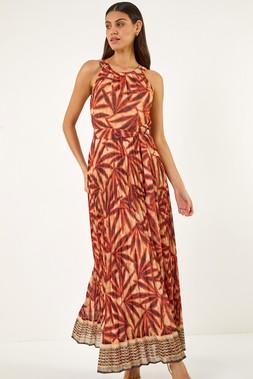 Roman Rust Abstract Pleated Halter Neck Maxi Dress
