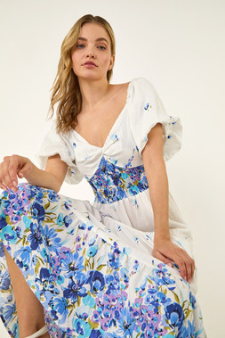 Dusk Floral Print Puff Sleeve Midi Dress
