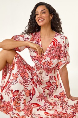 Dusk Red Boho Floral Print V-Neck Maxi Dress