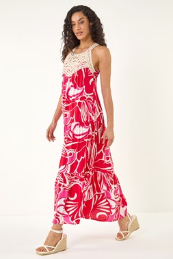 Dusk Red Abstract Crochet Maxi Dress