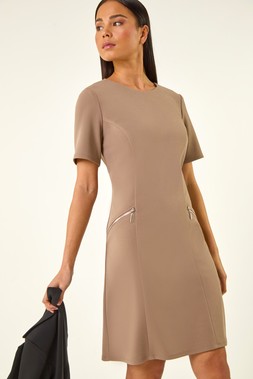 Roman Petite Taupe Zip Pocket Stretch Dress