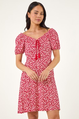 Roman Petite Red Floral Tassel Tie Dress