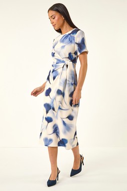Roman Petite Navy Print Tie Waist Midi Dress