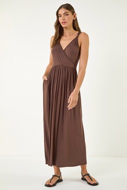 Roman Chocolate Bead Detail Wrap Front Midi Dress