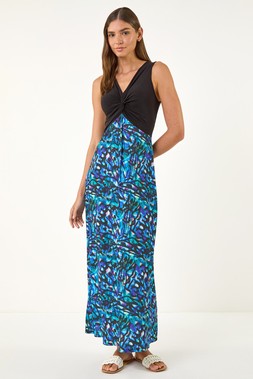 Roman Blue Twist Front Stretch Midi Dress
