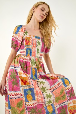 Roman Postcard Print Shirred Midi Dress