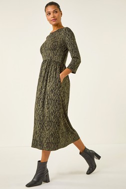 Roman Khaki Abstract Print Midi Dress