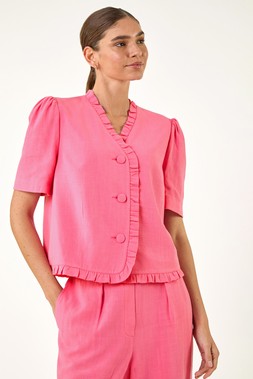 Roman Pink Frill Linen Blend Button Jacket