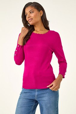 Roman Fuchsia Sparkly Diamante Button Scallop Edge Jumper