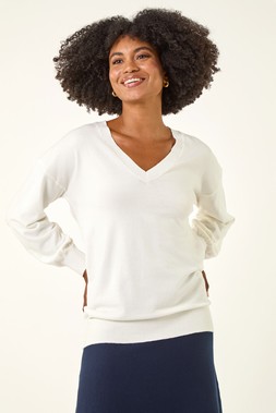 Roman Ivory Plain Stretch V-Neck Jumper