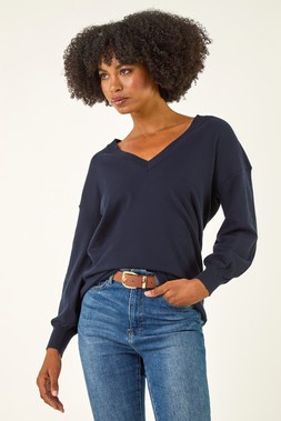 Roman Navy Plain Stretch V-Neck Longline Jumper