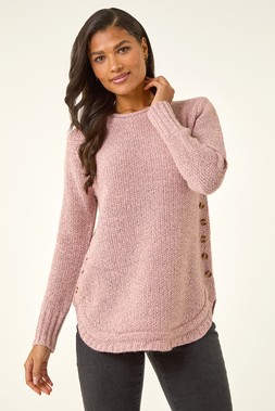 Roman Light Pink Button Detail Curved Hem Jumper