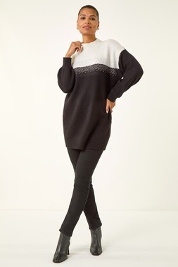 Roman Black Colour Block Sparkly Longline Jumper