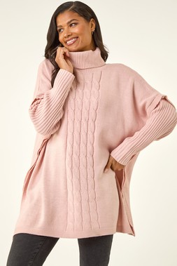 Roman Pink Cable Knit Roll Neck Poncho Jumper