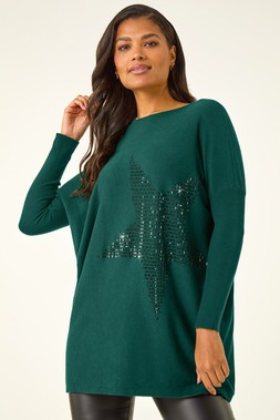 Roman Emerald Sparkly Star Longline Jumper