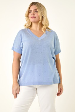 Roman Curve Light Blue Sparkly Knit Top