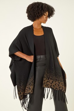 Roman Black Tassel Embellished Trim Knit Poncho